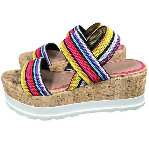 Gianni Bini Briarre Sandals Womens 8 Rainbow Band Elastic Flatform Platform Cork - Picture 4 of 12